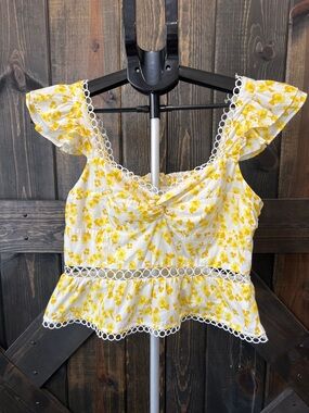 RAHI Yellow Petra Floral Print Bustier Tank Top L Eyelet Trim Boho Smocked FLAW*